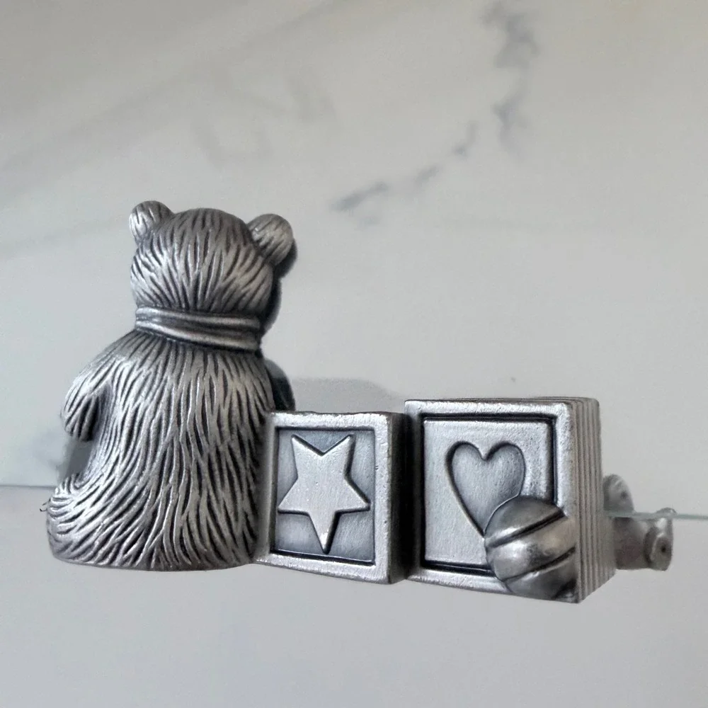 Vintage Pewter Teddy Bear and Blocks 5x7 Floating Glass Picture Frame Nursery